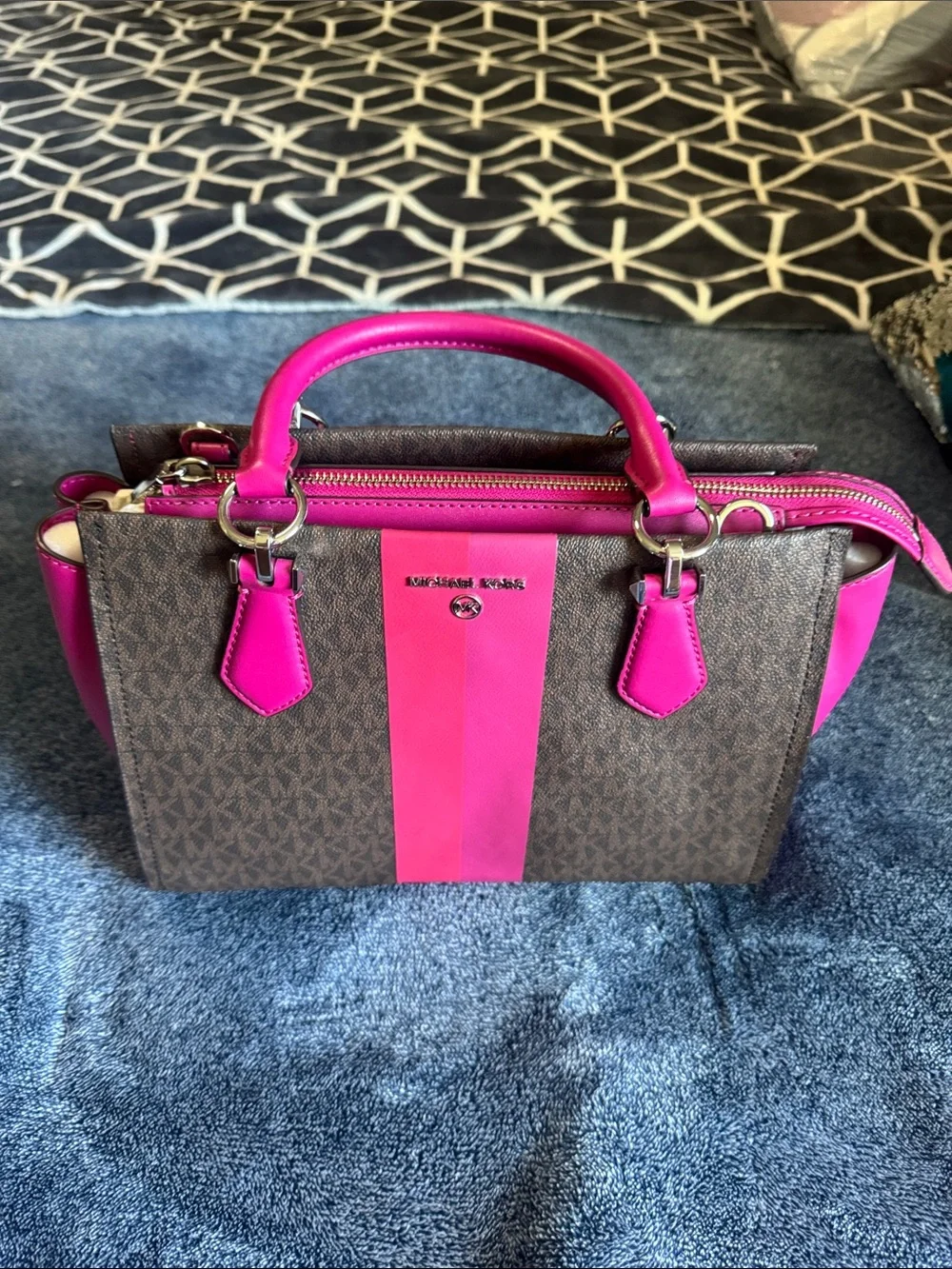 Michael Kors Brown & Hot Pink Signature Stripe Satchel - Picture 8 of 8